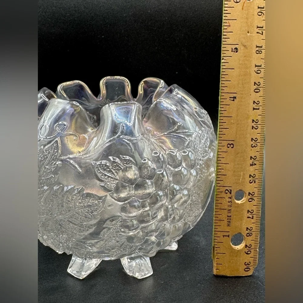 Vintage Dugan Clear Iridescent Carnival Glass Grape Delight Footed Rose Bowl